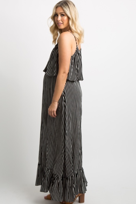 pinkblush Black Striped Ruffle Trim Maternity Maxi Dress clothing review